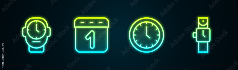 Set line Clock, Calendar, and Wrist watch. Glowing neon icon. Vector Set line Clock, Calendar, and Wrist watch. Glowing neon icon. Vector