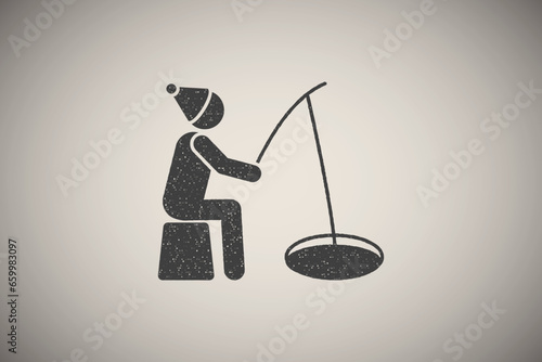 Man catches fish on ice icon vector illustration in stamp style