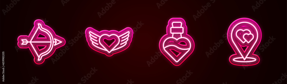 Set line Bow and arrow, Heart with wings, Bottle love potion and Location heart. Glowing neon icon. Vector Set line Bow and arrow, Heart with wings, Bottle love potion and Location heart. Glowing neon icon. Vector