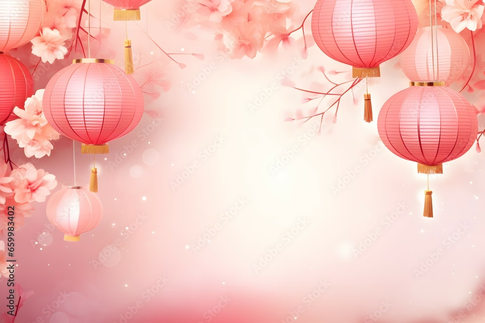 pink chinese lanterns on bokeh background - obrazy, fototapety, plakaty 