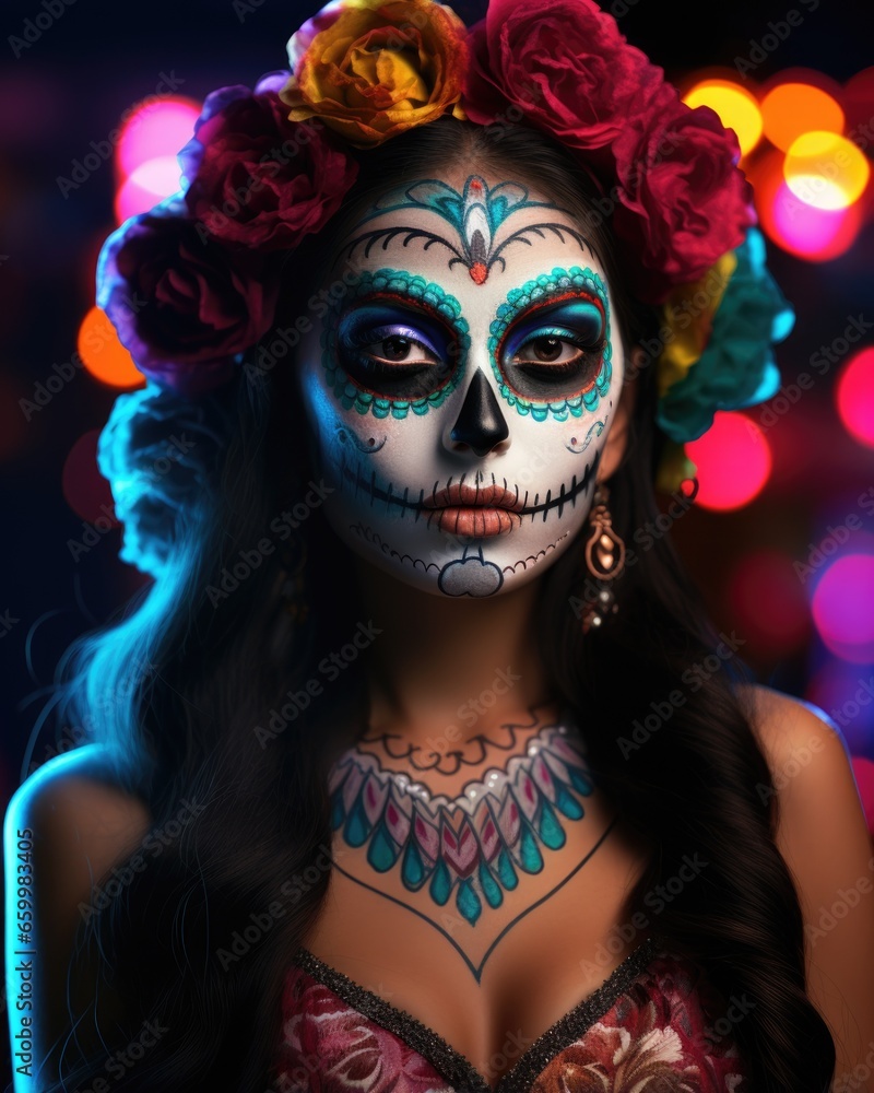 Photo of a woman with a painted face and flowers in her hair ready for day of the dead.