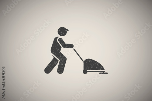 Cleaner, vacuum, worker icon vector illustration in stamp style