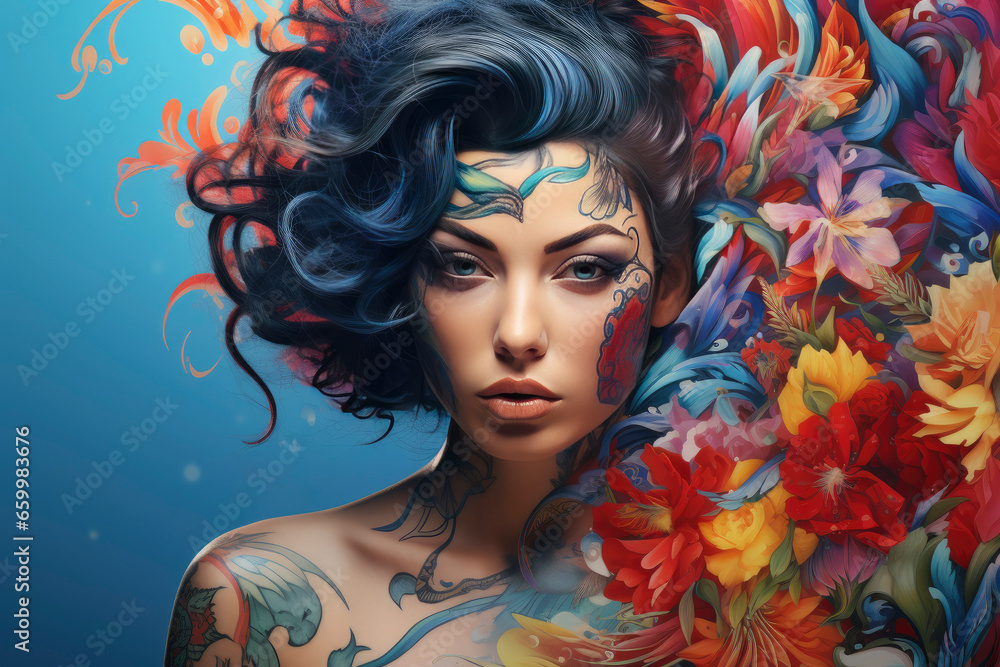 Beautiful tattooed woman with red lipstick. Portrait of a tattooed woman on colorful background. Portrait of a beautiful tattooed woman on colorful background. Generative AI.