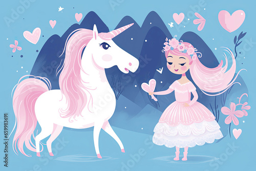 Beautiful cute little princess girl with unicorn. Watercolor illustration