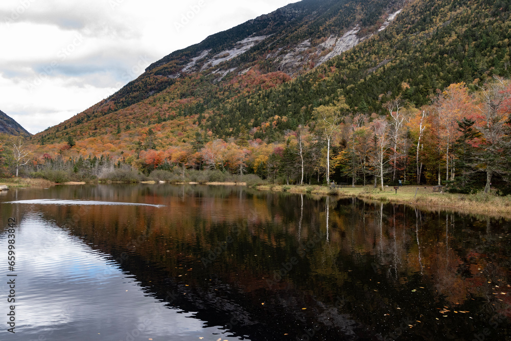 White Mountains, Fall, Colors, Autumn, Fall colors, New Hampshire, Forest, Trees, Nature, Landscape, Art, Red, Orange, Green, Pond, Lake, Water, Sky, Clouds, Sun