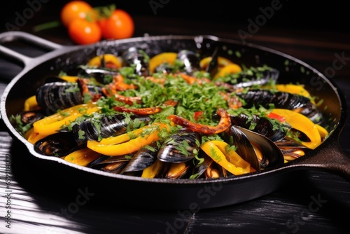 portion of paella with squid ink on a black plate