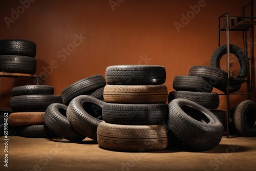 Old car tires arranged in layers Inside the car repair shop