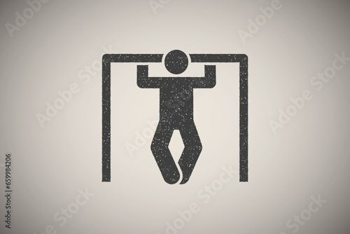 Muscle gym pull up with arrow pictogram icon vector illustration in stamp style