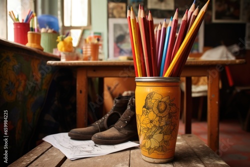 pencils in a boot next to a childs drawing on a table