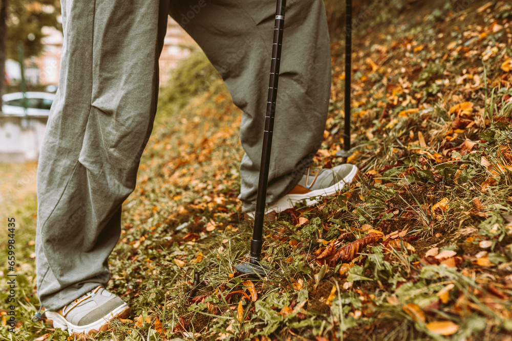 Nordic Walking in Autumn forest, hiking teenage girl Nordic Walking in Autumn forest, hiking teenage girl