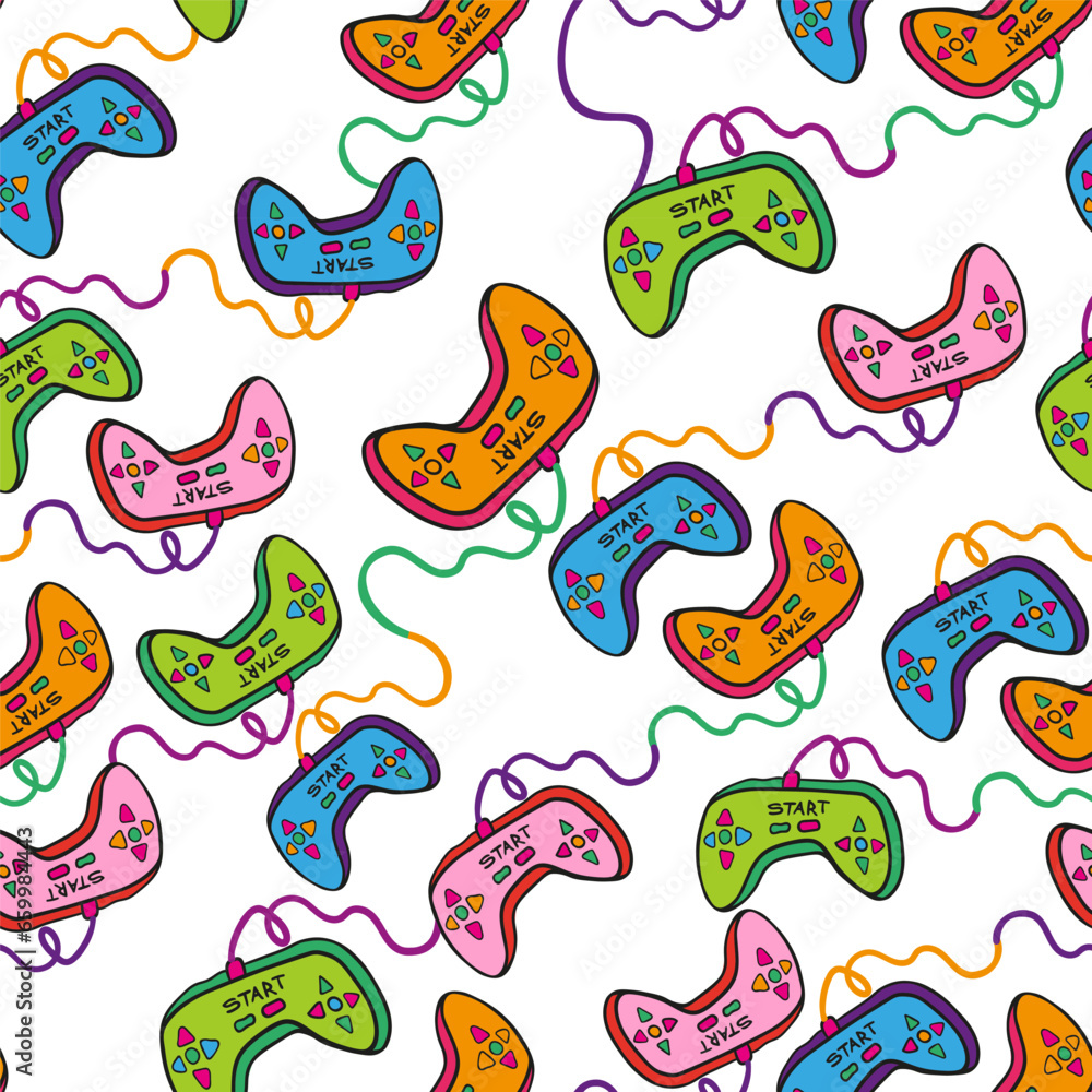 Fototapeta premium Console joysticks in vector.pattern with a subcultural object.8 bit games. pattern for fabric, background, print. Series of teenage patterns and icons
