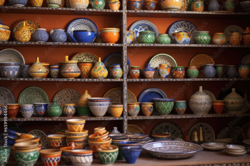 multicolored moroccan pottery showcased on shelves
