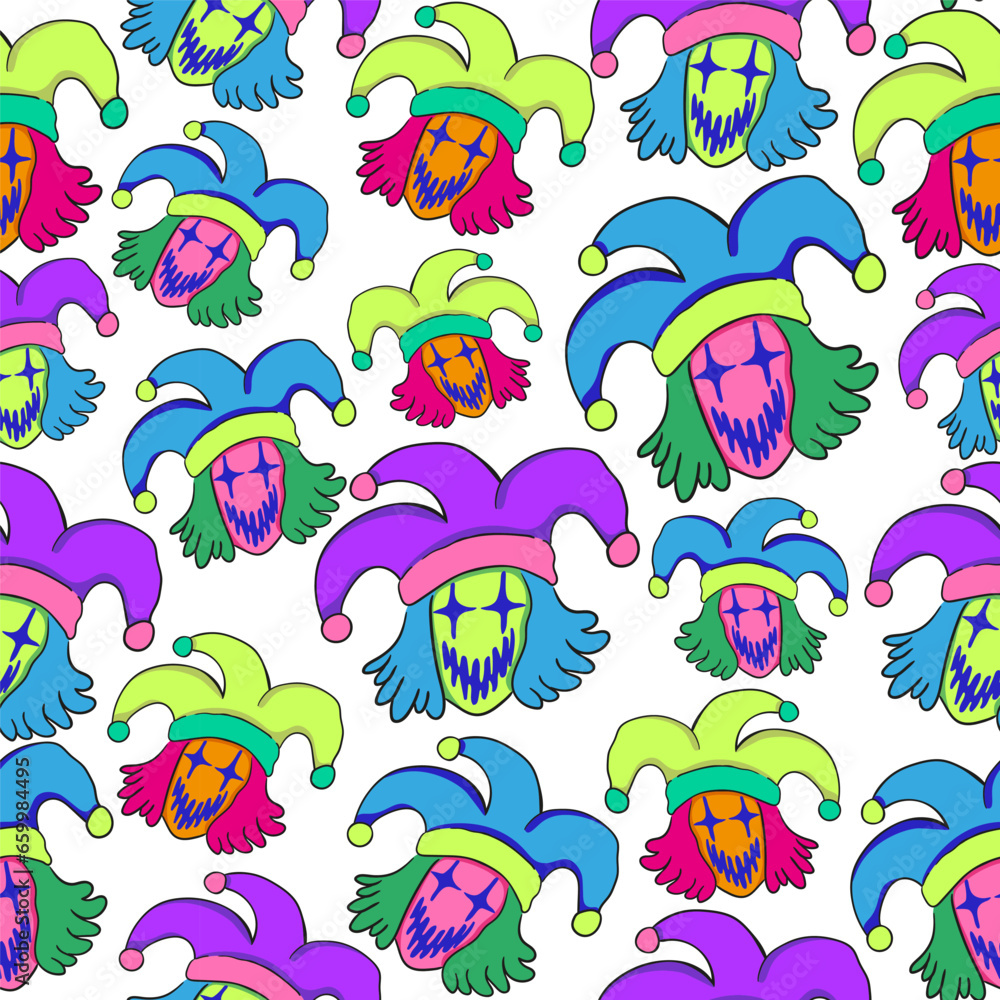 scary clown in jester's hat vector.pattern with subcultural character.sinister joker. pattern for fabric, background, print. Series of teenage patterns and icons