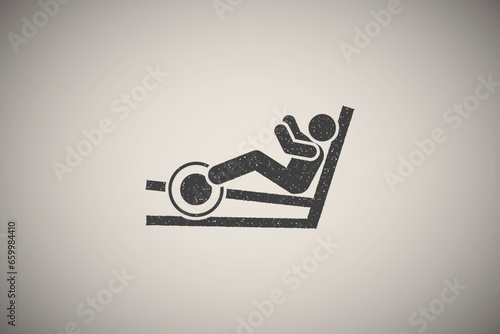 Leg press man gym sport fitness with arrow pictogram icon vector illustration in stamp style