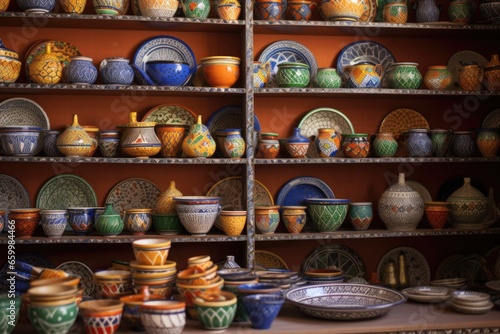 multicolored moroccan pottery showcased on shelves