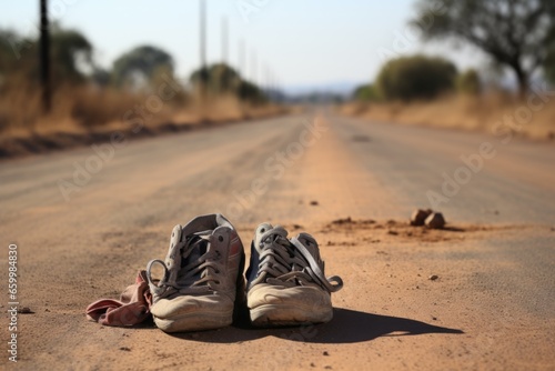 pair of worn-out shoes left in a dusty road © altitudevisual