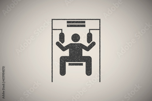 Lifting man gym sport peck deck with arrow pictogram icon vector illustration in stamp style