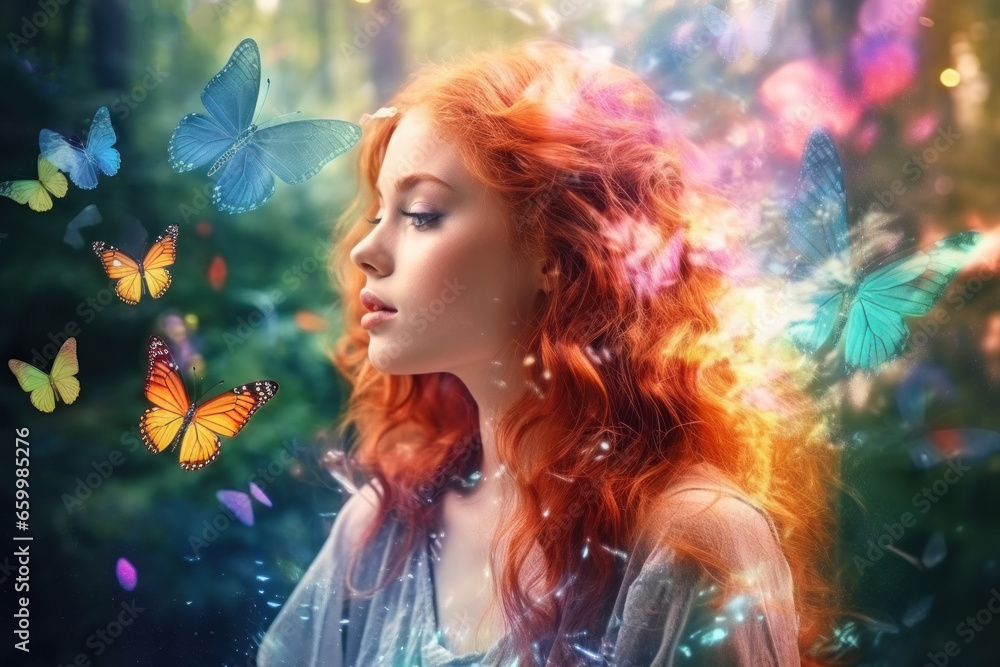 Ginger hair girl with batterflies. Dreamlike image