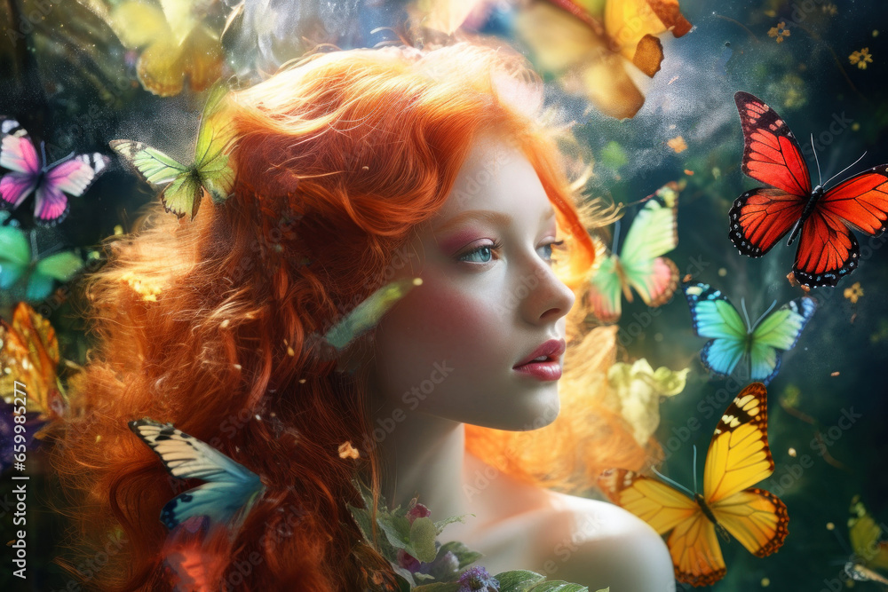 Ginger hair girl with batterflies. Dreamlike image Ginger hair girl with batterflies. Dreamlike image