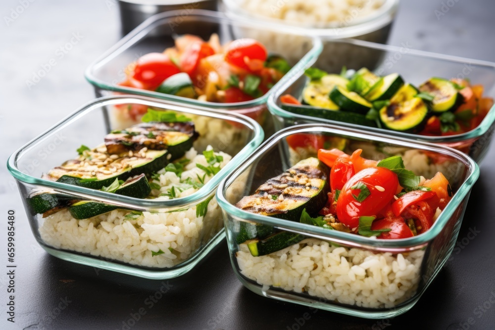 view of meal prep containers filled with rice and grilled vegetables view of meal prep containers filled with rice and grilled vegetables