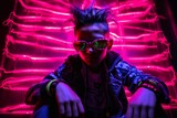 Brutal punk kid with 
Iroquois n a neon light