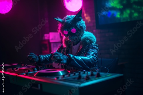 Dirty  punk cat djing in a club, neon light