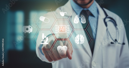 Medical technology, diagnosis and treatment of disease using AI, Doctor using AI to treat disease, future science