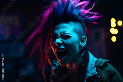 Punk woman facial expression in a neon light