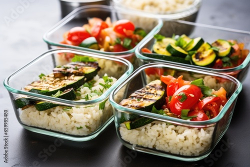 view of meal prep containers filled with rice and grilled vegetables