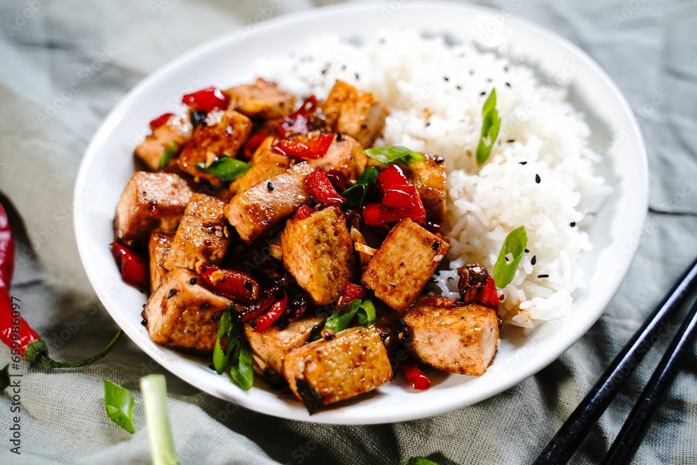 Szechuan tofu stir fry served with jasmin rice, selective focus Szechuan tofu stir fry served with jasmin rice, selective focus