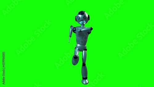 Smiling happy toy robot dancing 3d render green screen loop seamless