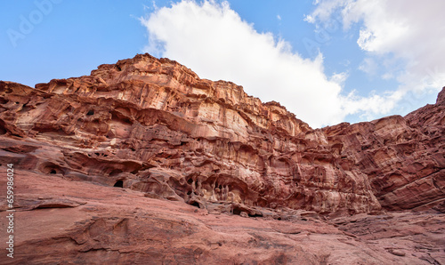 Red orange sandstone rocks formations in Wadi Rum  also known as Valley of the Moon  desert  Jordan