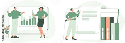 Work Discussion and Work Reporting. Flat Cartoon Vector Illustration.