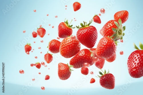 a clean detailed studio photo of fresh raw ripe strawberries flying in the air on pastel gradient background. fruit food ingredient levitation.