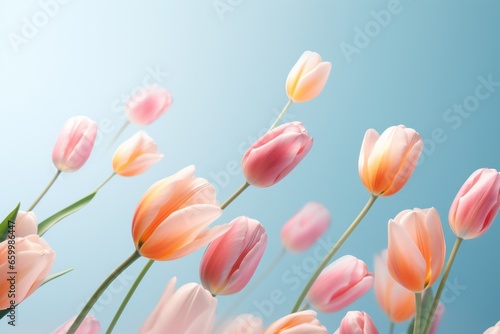 Many delicate tender pink big and small open and closed pink tulips  flowers and buds levitating  blue sky background