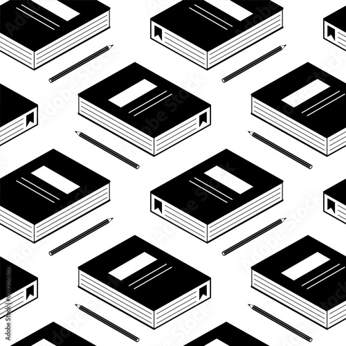 Book and pencil seamless pattern. Isometric vector illustration. Black and white drawing of notebook. Background design for education, poetry or school.