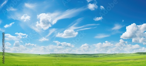 Green grass field agains the blue cloud sky  Generative AI