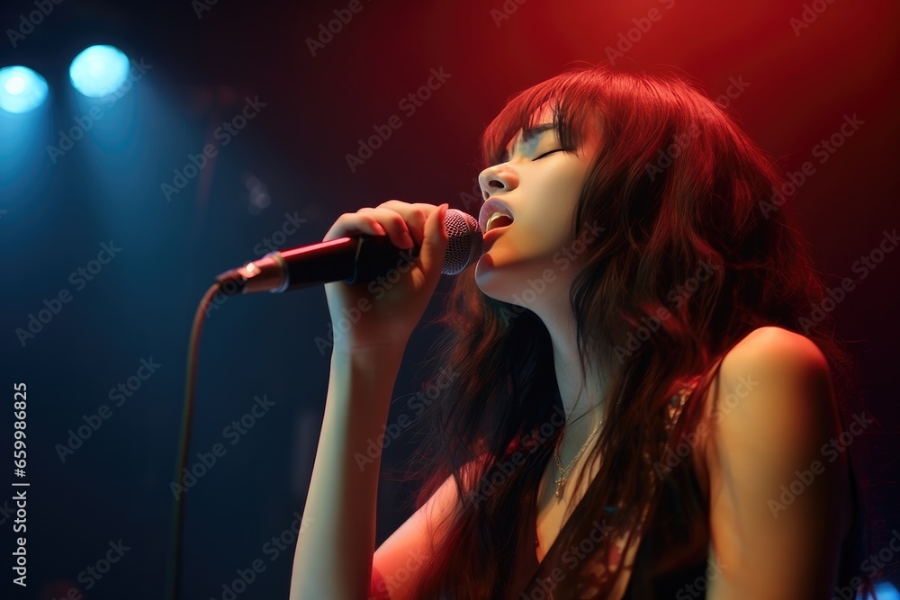 Woman Singer holding a microphone stand and performing on stage, Generative AI Woman Singer holding a microphone stand and performing on stage, Generative AI