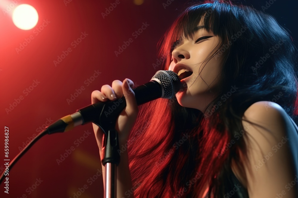 Woman Singer holding a microphone stand and performing on stage, Generative AI Woman Singer holding a microphone stand and performing on stage, Generative AI
