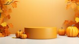 3D background. Orange Podium display with pumpkin and autumn leaf. Cosmetic, beauty product promotion. Fall pedestal with natural shadow. Halloween showcase. Abstract minimal 3D render mockup.
