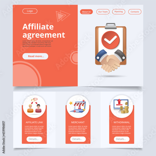 Affiliate agreement flat landing page website template. Affiliate link, merchant, withdrawal. Web banner with header, content and footer. Vector illustration.