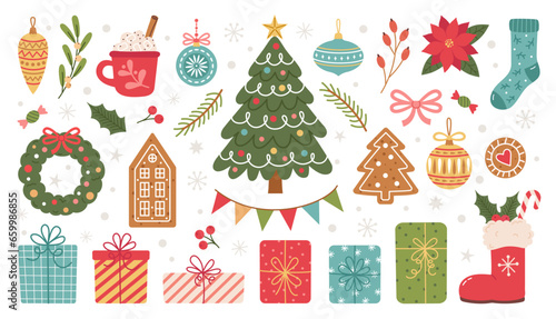 Christmas and New Year decorative hand drawn elements. Christmas decoration, Christmas tree, gifts, toys, candy, holly, gingerbreads. Perfect for scrapbooking, greeting card, poster, stickers.