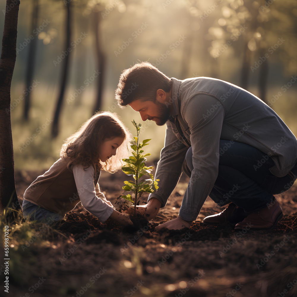 Father and daughter planting a tree, Generative AI