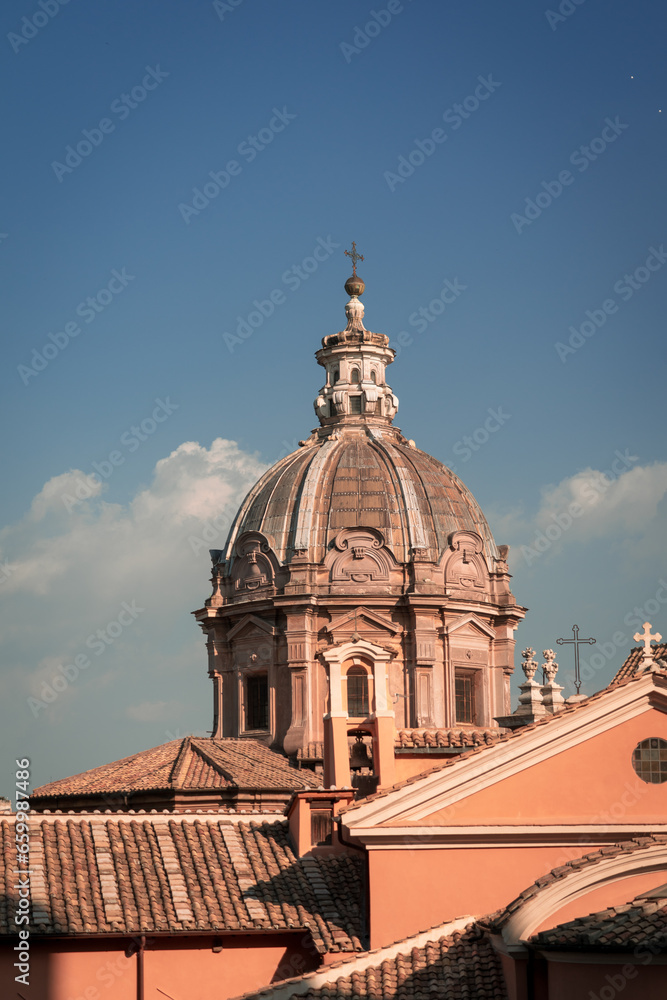 Photograph of a cathedral in the city of Rome. Basilica in European capital. Glass dome in the Basilica in Rome. European tour. Travel agency.