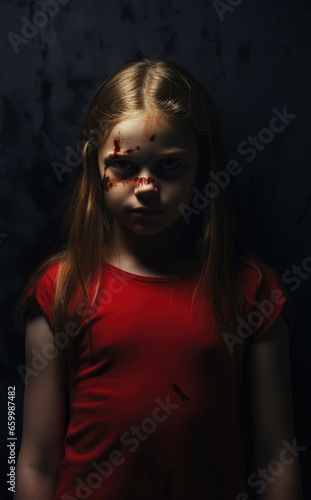 horror concept of a young girl in the shadows. evil spooky kid. halloween, killer, murder, assassin. bloody face. evil child. maniac girl. blond hair. red shirt. dark background. mysterious young girl