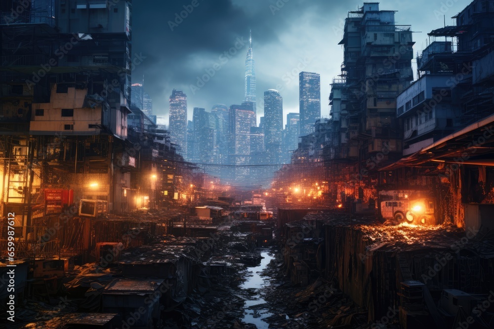 Cityscape Dichotomy: Wealthy Urban Skyline vs. Impoverished Slums in the Gritty Sewer Shadows of a Cloudy and Stormy Night, Where Night City Lights Illuminate the Stark Contrast between Rich and Poor