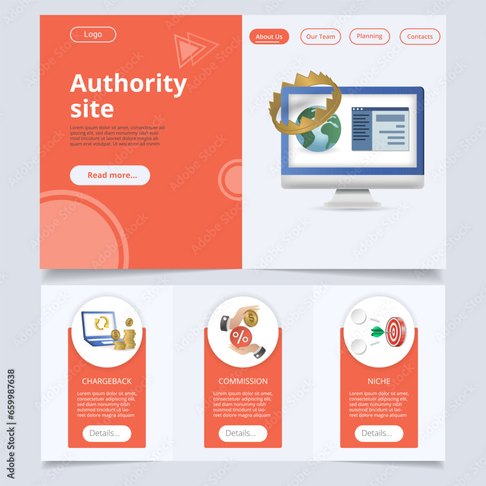 Naklejka premium Authority site flat landing page website template. Chargeback, commission, niche. Web banner with header, content and footer. Vector illustration.