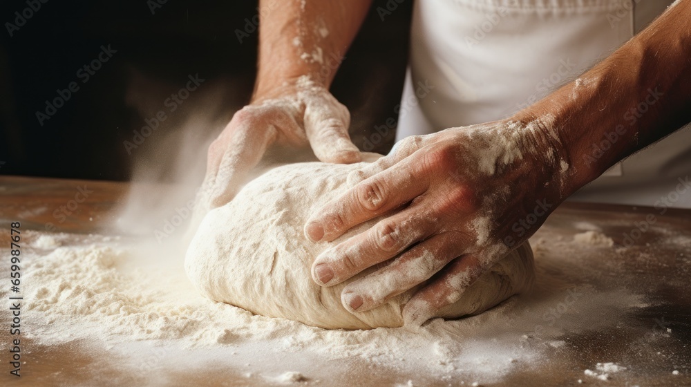 Dynamic photo captures a baker kneading dough rapidly in the early morning, creating a cloud of flour in a kitchen setting. The image embodies the essence of craftsmanship and the hustle of daily prep