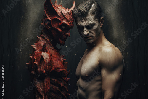 man and devil. red devil. contrast between man and evil. devil with horns. 7 sins. shirtless strong muscular man. the devil in us. hate, greed, lust, pride. humanity vs evil. good and bad. 