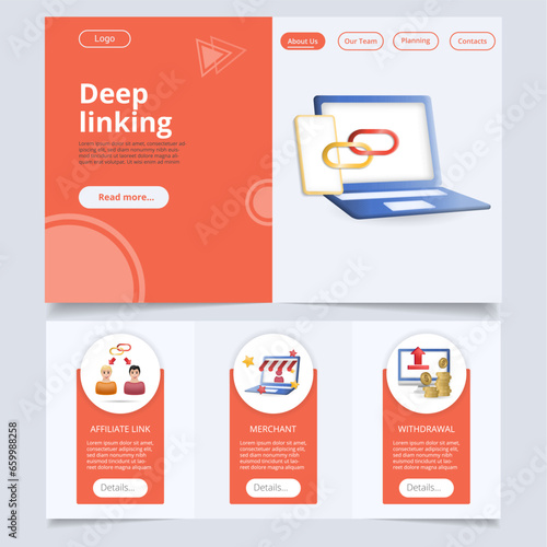 Deep linking flat landing page website template. Affiliate link, merchant, withdrawal. Web banner with header, content and footer. Vector illustration.